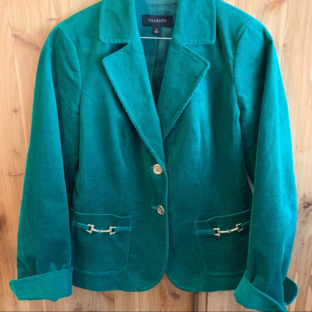 Talbots Corduroy Equestrian Blazer Kelly Green Bridle Bit Gold Accents